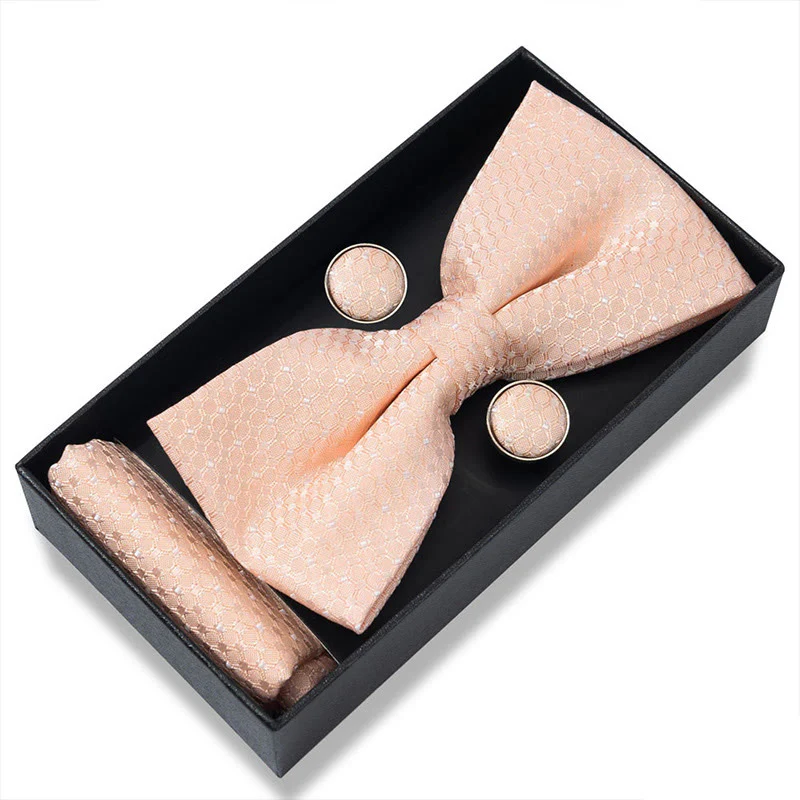 3Pcs Men's Textured Fabric Bow Tie Cufflink And Pocket Square Set - Image 65