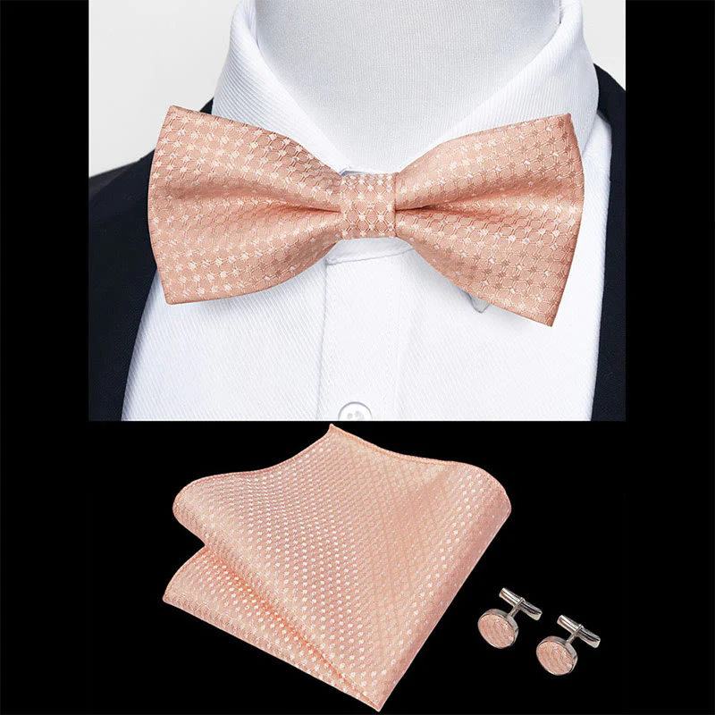 3Pcs Men's Textured Fabric Bow Tie Cufflink And Pocket Square Set - Image 66