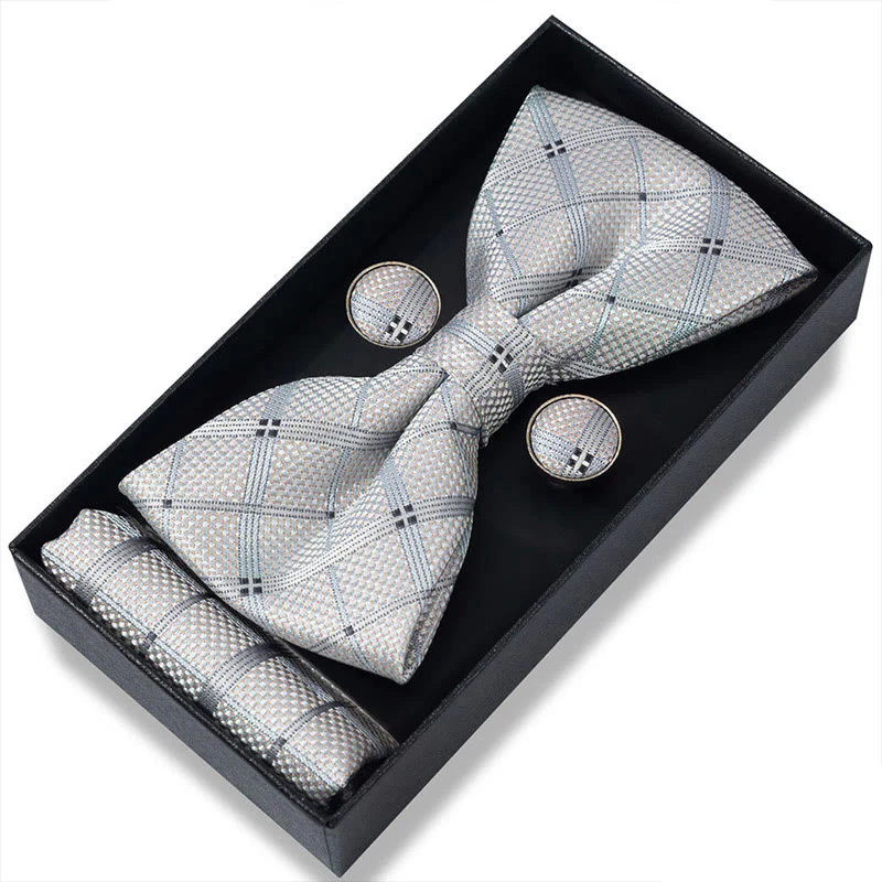 3Pcs Men's Textured Fabric Bow Tie Cufflink And Pocket Square Set - Image 67
