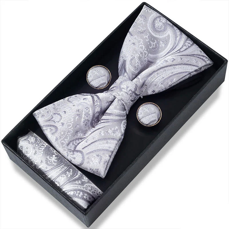 3Pcs Men's Textured Fabric Bow Tie Cufflink And Pocket Square Set - Image 69