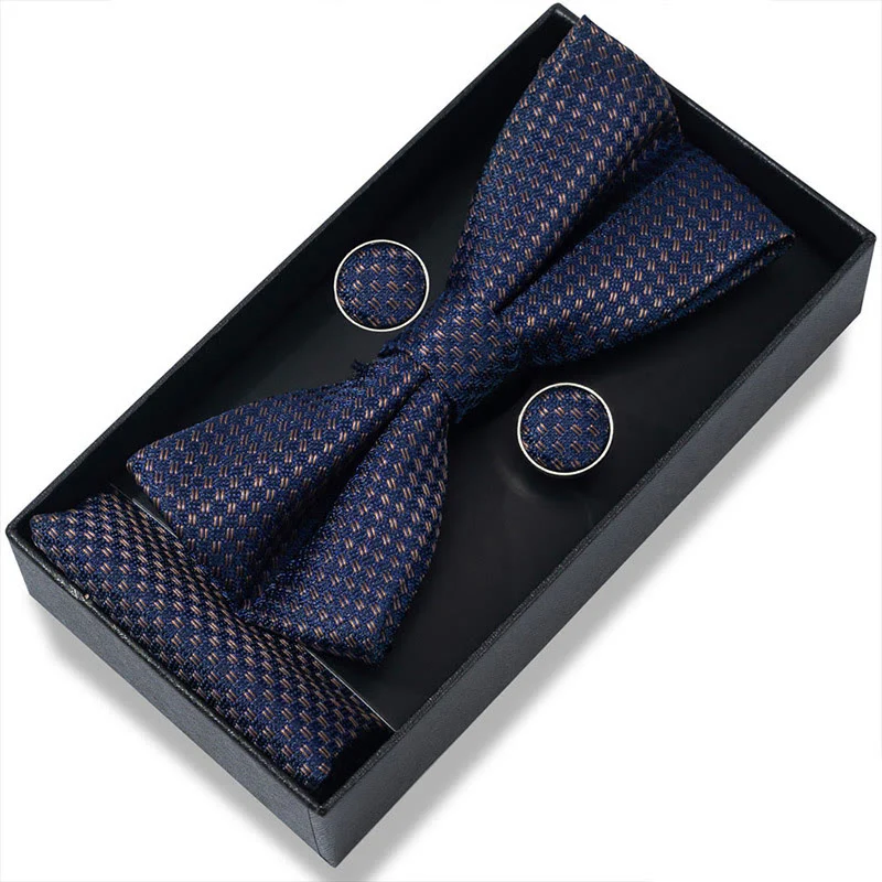 3Pcs Men's Textured Fabric Bow Tie Cufflink And Pocket Square Set - Image 7