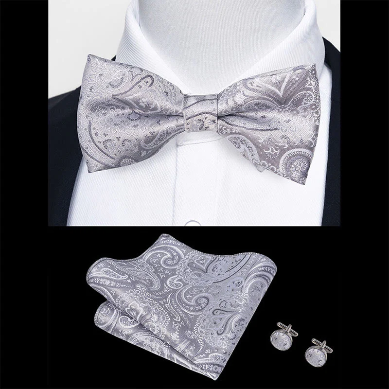 3Pcs Men's Textured Fabric Bow Tie Cufflink And Pocket Square Set - Image 70