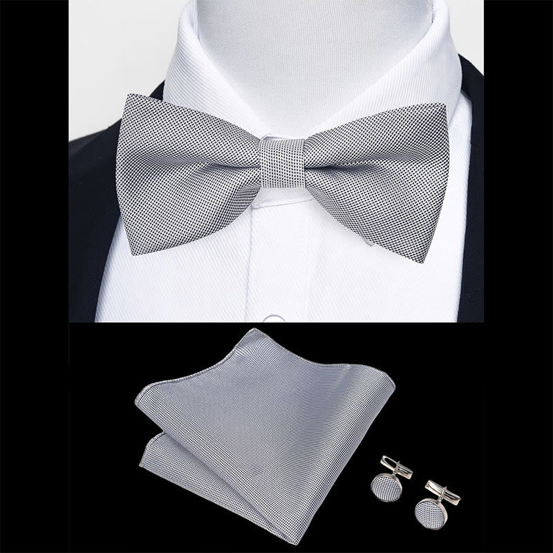 3Pcs Men's Textured Fabric Bow Tie Cufflink And Pocket Square Set - Image 72