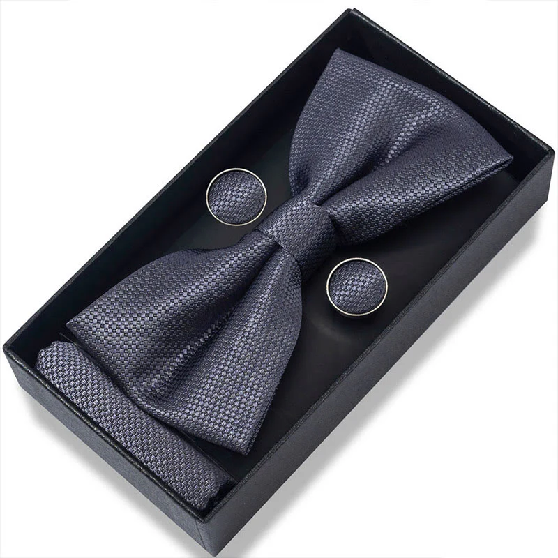 3Pcs Men's Textured Fabric Bow Tie Cufflink And Pocket Square Set - Image 73