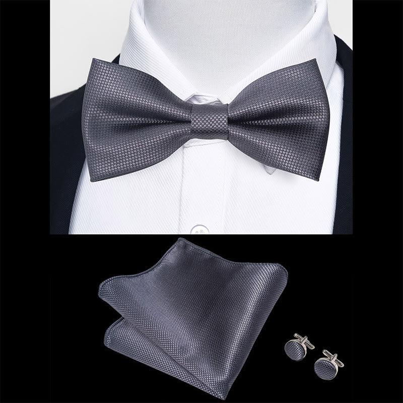 3Pcs Men's Textured Fabric Bow Tie Cufflink And Pocket Square Set - Image 74