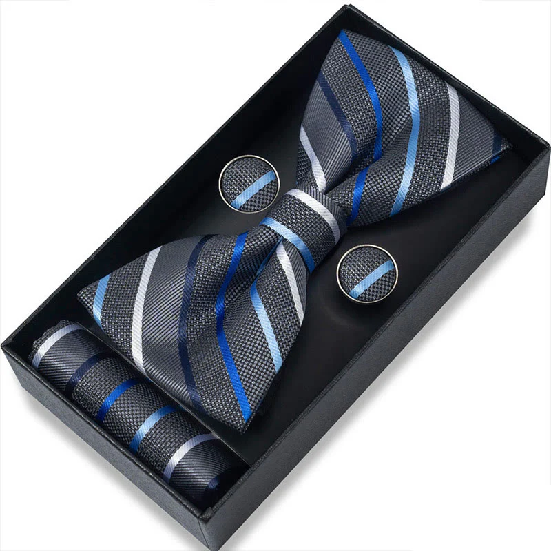 3Pcs Men's Textured Fabric Bow Tie Cufflink And Pocket Square Set - Image 75