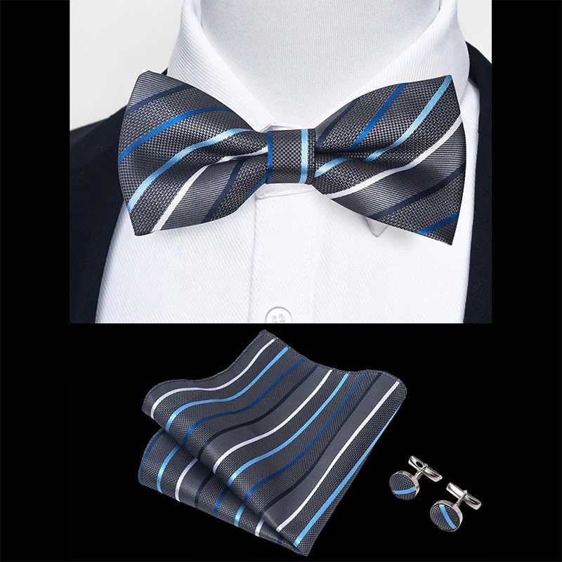 3Pcs Men's Textured Fabric Bow Tie Cufflink And Pocket Square Set - Image 76