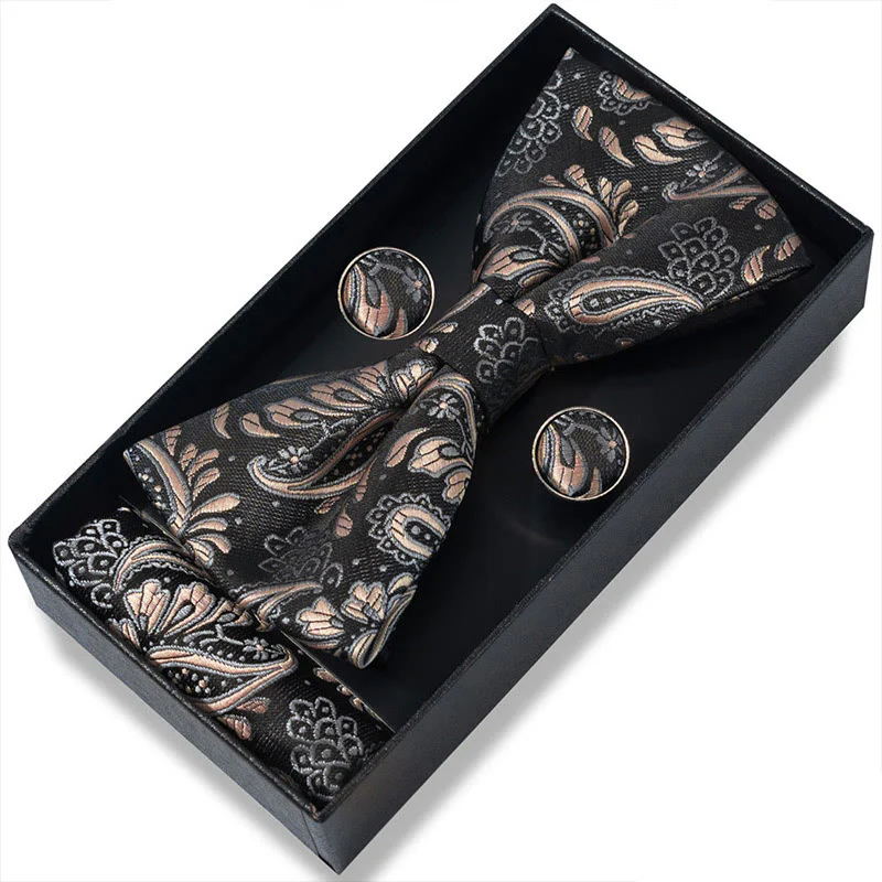 3Pcs Men's Textured Fabric Bow Tie Cufflink And Pocket Square Set - Image 77