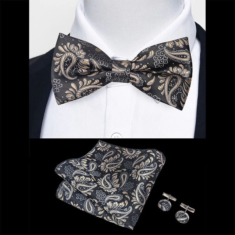 3Pcs Men's Textured Fabric Bow Tie Cufflink And Pocket Square Set - Image 78
