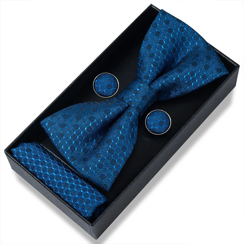 3Pcs Men's Textured Fabric Bow Tie Cufflink And Pocket Square Set - Image 79