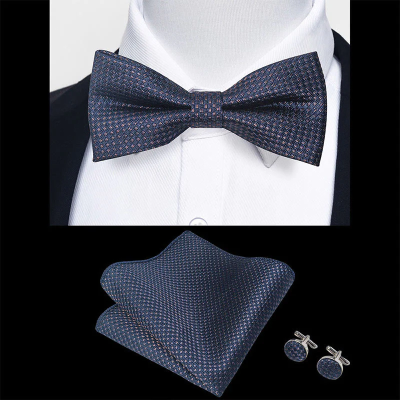 3Pcs Men's Textured Fabric Bow Tie Cufflink And Pocket Square Set - Image 8