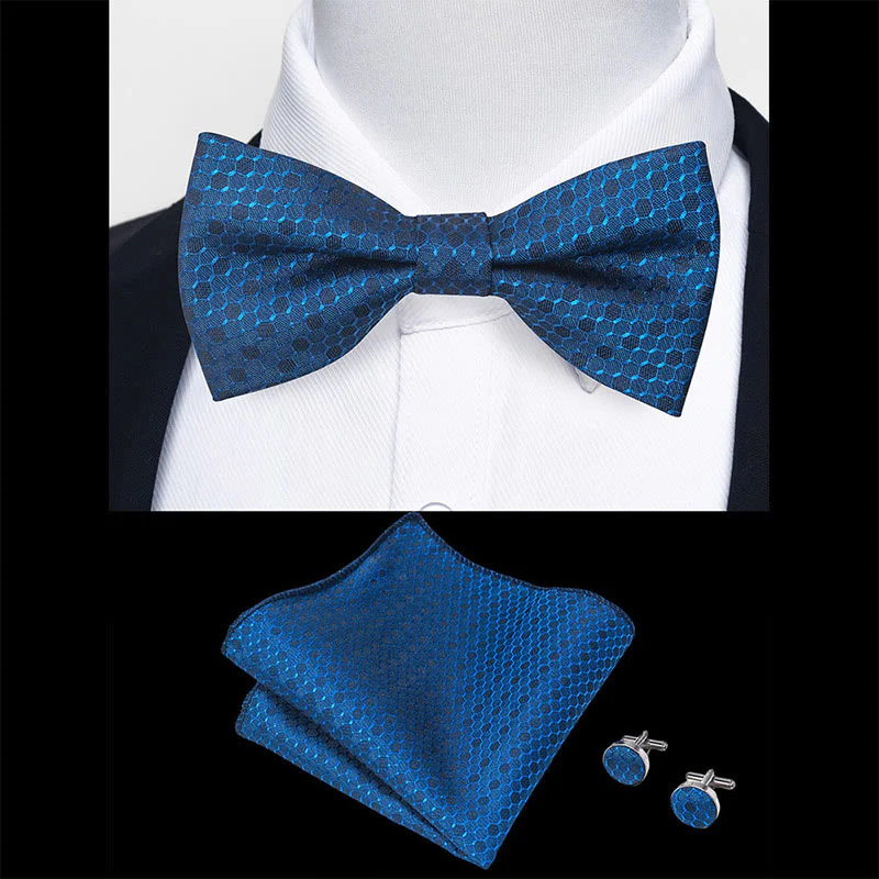 3Pcs Men's Textured Fabric Bow Tie Cufflink And Pocket Square Set - Image 80