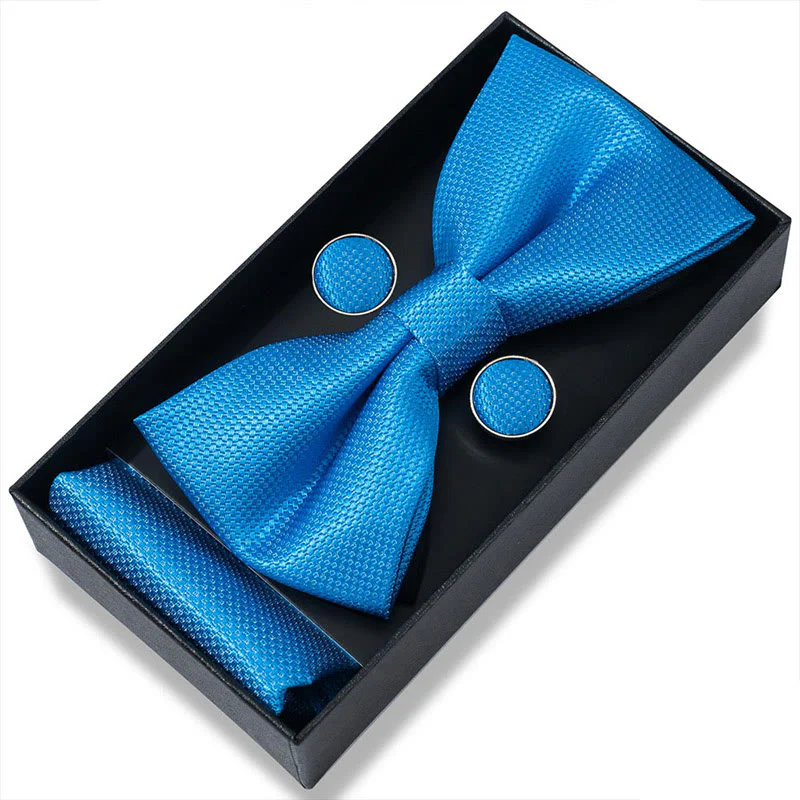 3Pcs Men's Textured Fabric Bow Tie Cufflink And Pocket Square Set - Image 81