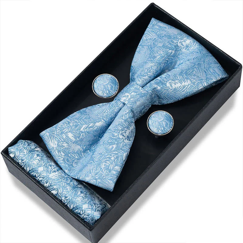 3Pcs Men's Textured Fabric Bow Tie Cufflink And Pocket Square Set - Image 83