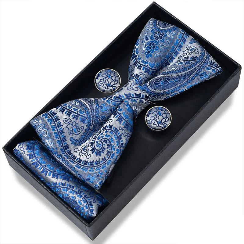 3Pcs Men's Textured Fabric Bow Tie Cufflink And Pocket Square Set - Image 85