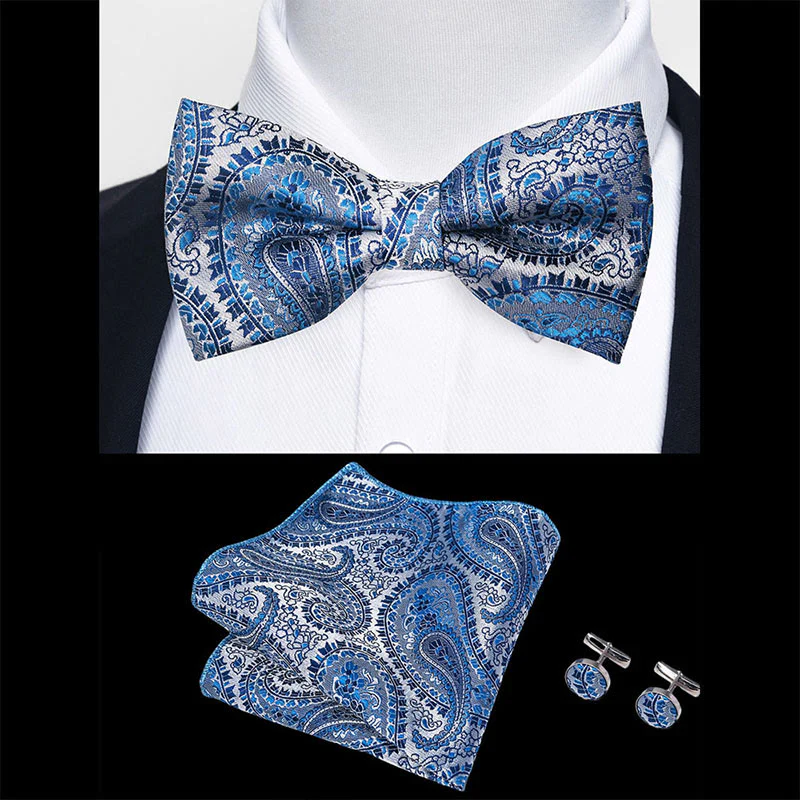 3Pcs Men's Textured Fabric Bow Tie Cufflink And Pocket Square Set - Image 86