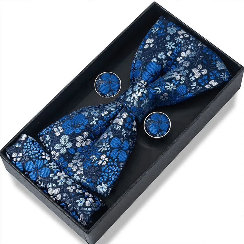 3Pcs Men's Textured Fabric Bow Tie Cufflink And Pocket Square Set - Image 87