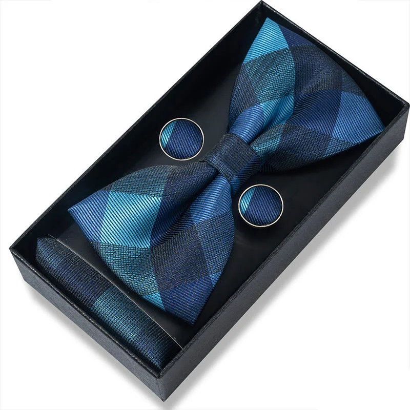 3Pcs Men's Textured Fabric Bow Tie Cufflink And Pocket Square Set - Image 89