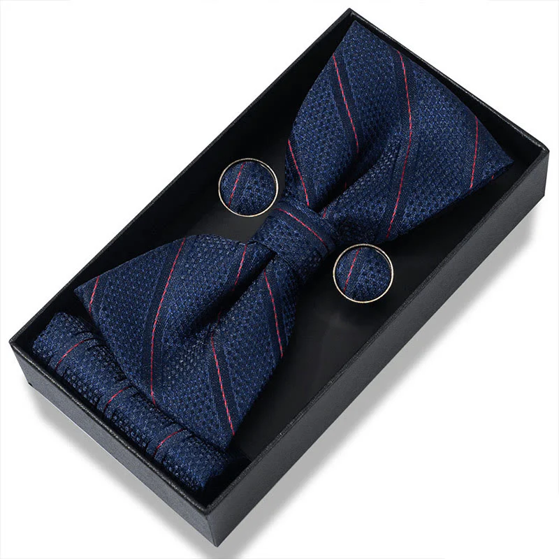 3Pcs Men's Textured Fabric Bow Tie Cufflink And Pocket Square Set - Image 9