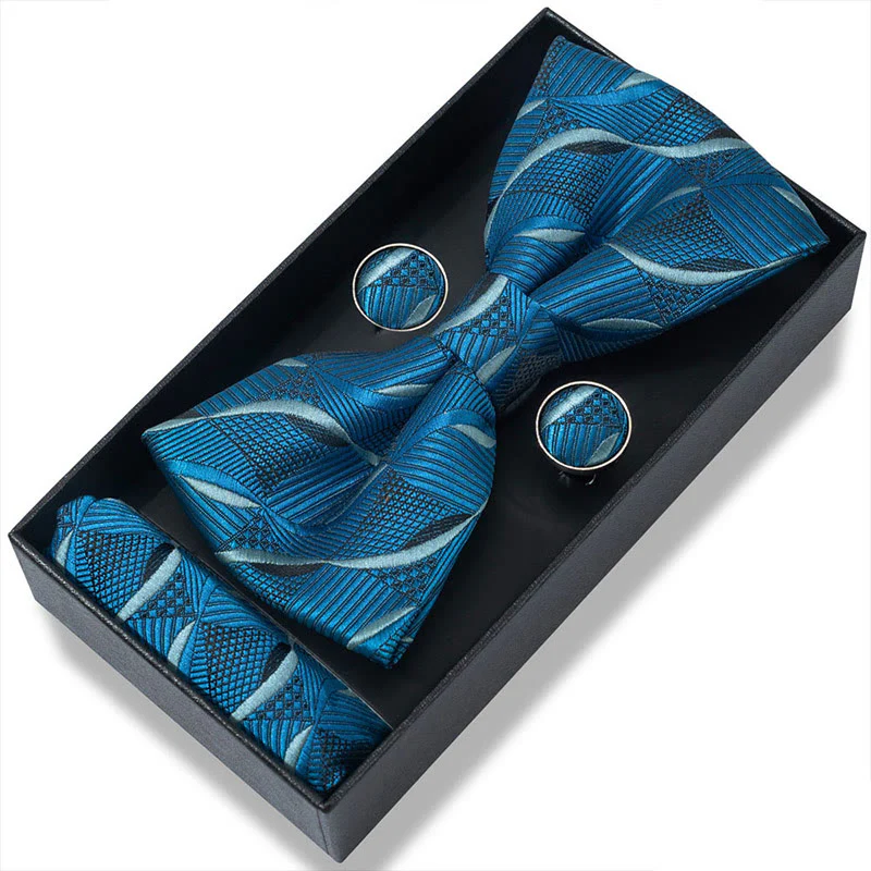 3Pcs Men's Textured Fabric Bow Tie Cufflink And Pocket Square Set - Image 91