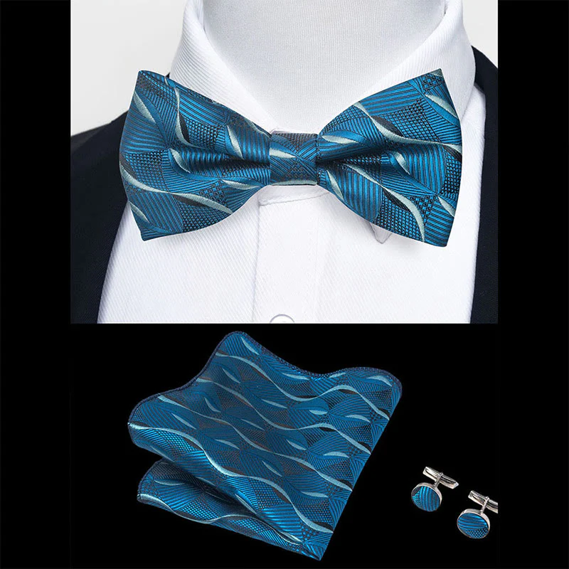 3Pcs Men's Textured Fabric Bow Tie Cufflink And Pocket Square Set - Image 92