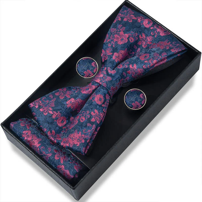 3Pcs Men's Textured Fabric Bow Tie Cufflink And Pocket Square Set - Image 93