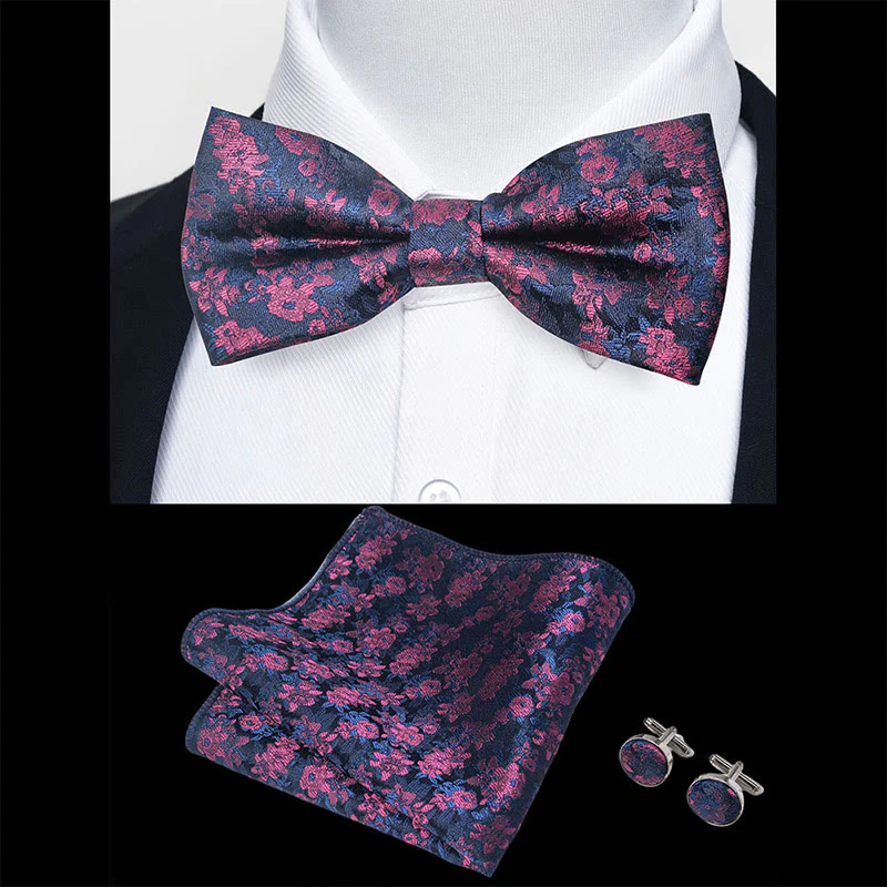 3Pcs Men's Textured Fabric Bow Tie Cufflink And Pocket Square Set - Image 94