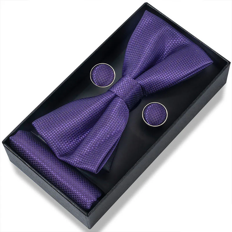 3Pcs Men's Textured Fabric Bow Tie Cufflink And Pocket Square Set - Image 95