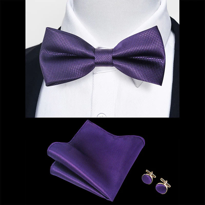 3Pcs Men's Textured Fabric Bow Tie Cufflink And Pocket Square Set - Image 96