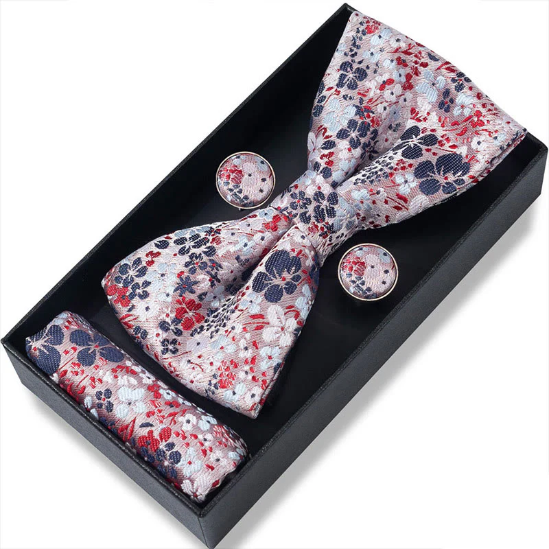 3Pcs Men's Textured Fabric Bow Tie Cufflink And Pocket Square Set - Image 97