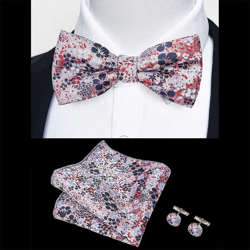 3Pcs Men's Textured Fabric Bow Tie Cufflink And Pocket Square Set - Image 98