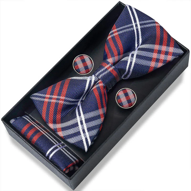 3Pcs Men's Textured Fabric Bow Tie Cufflink And Pocket Square Set - Image 99