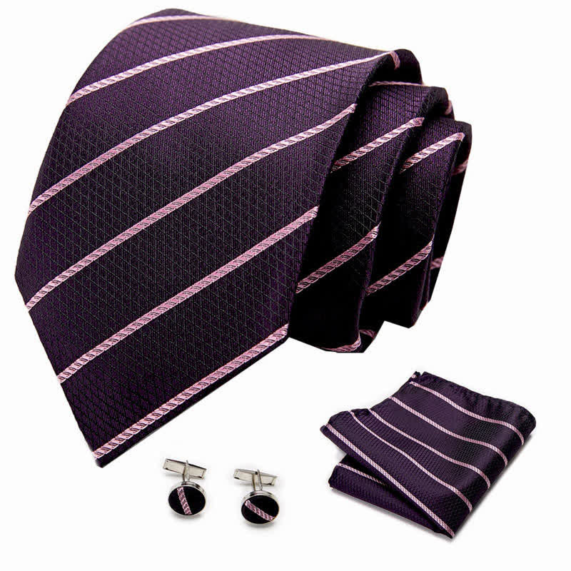 3Pcs Men's Trendy DarkMagenta Striped Necktie Set - Image 2