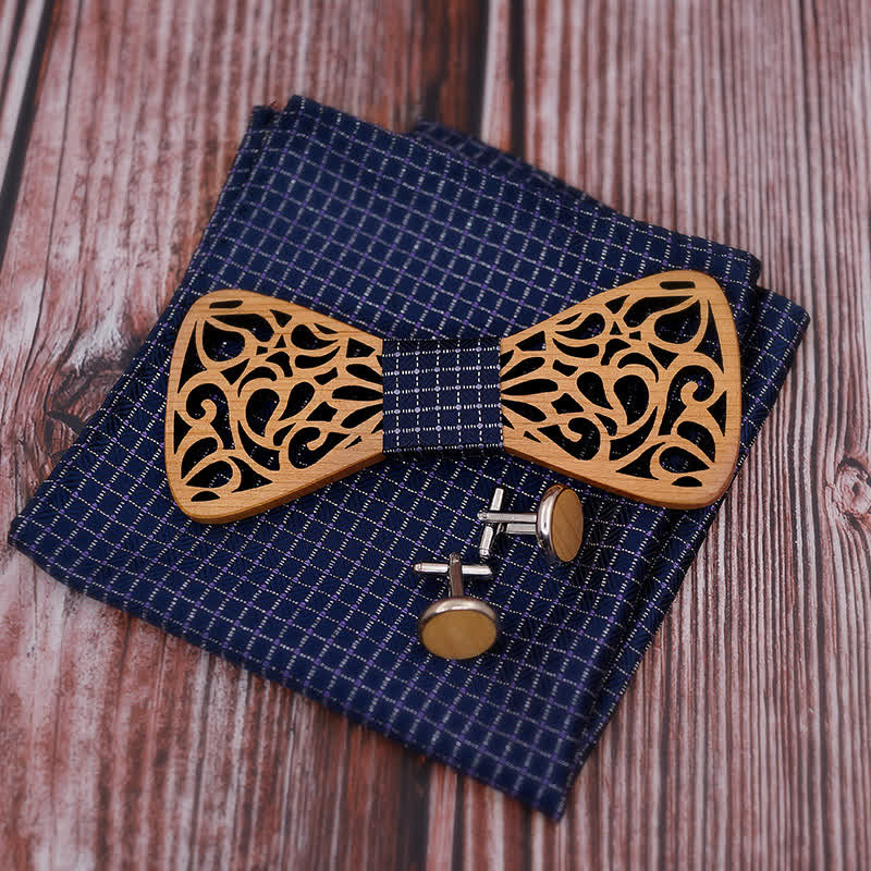 3Pcs Men's Vintage Hollow Wooden Bow Tie Set - Image 2