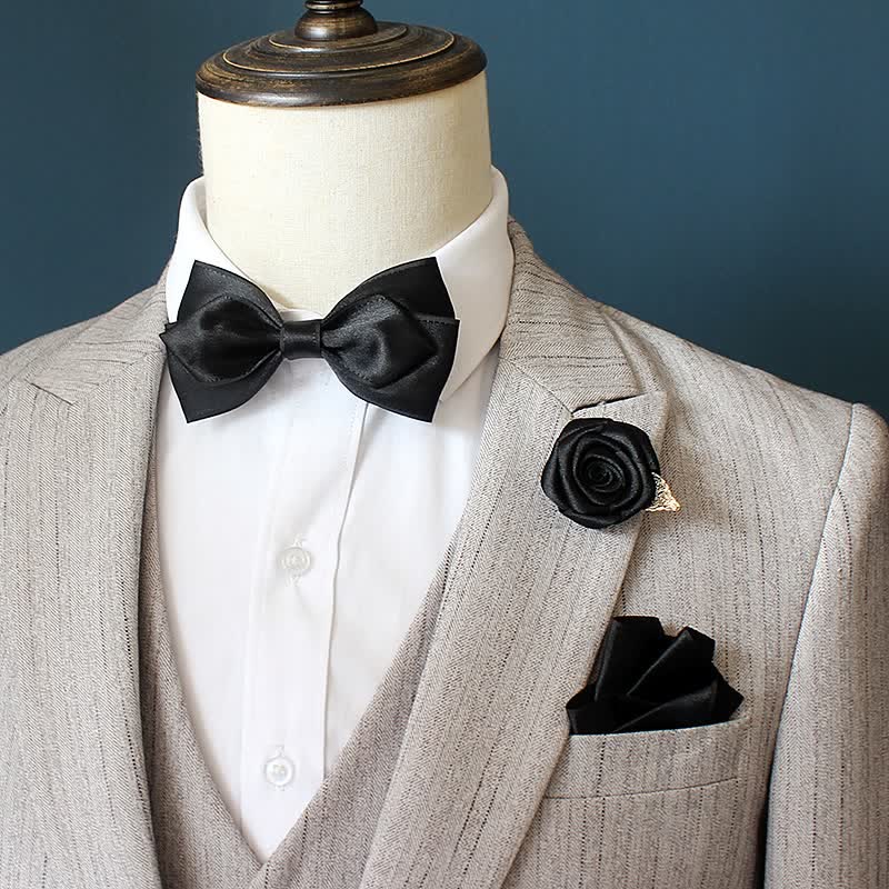3Pcs Men's Wedding Grooms Rose Corsage Bow Tie Set - Image 12