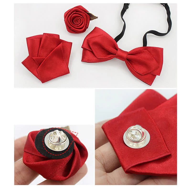3Pcs Men's Wedding Grooms Rose Corsage Bow Tie Set - Image 4