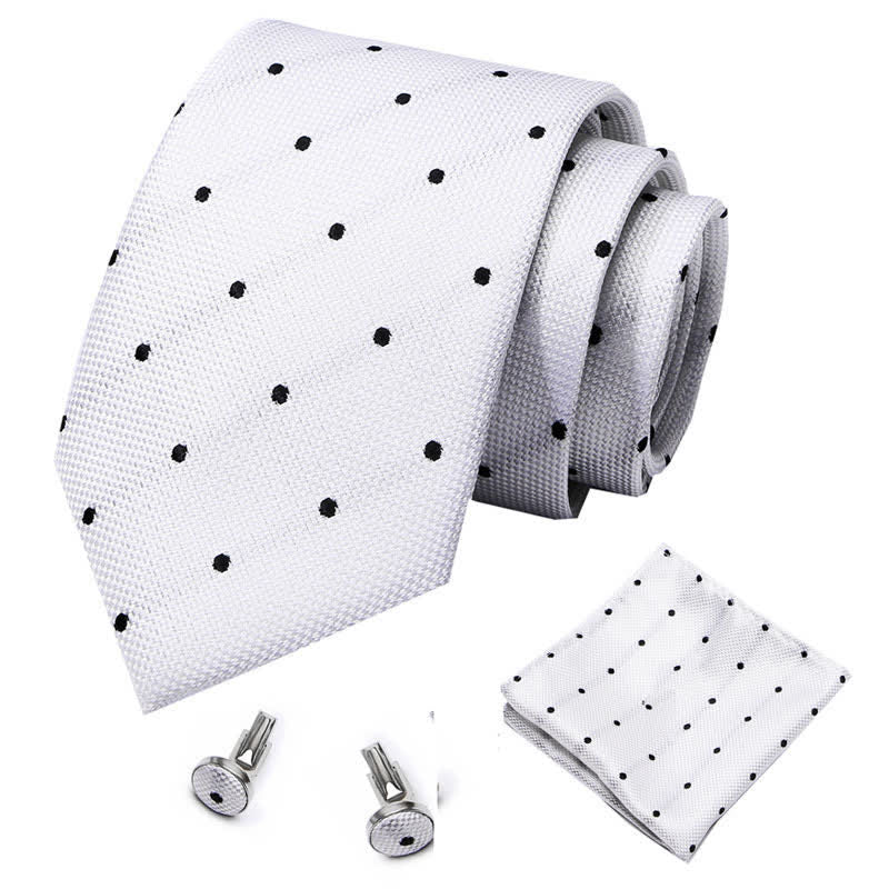 3Pcs Men's White & Black Fine Point Polka Necktie Set - Image 2
