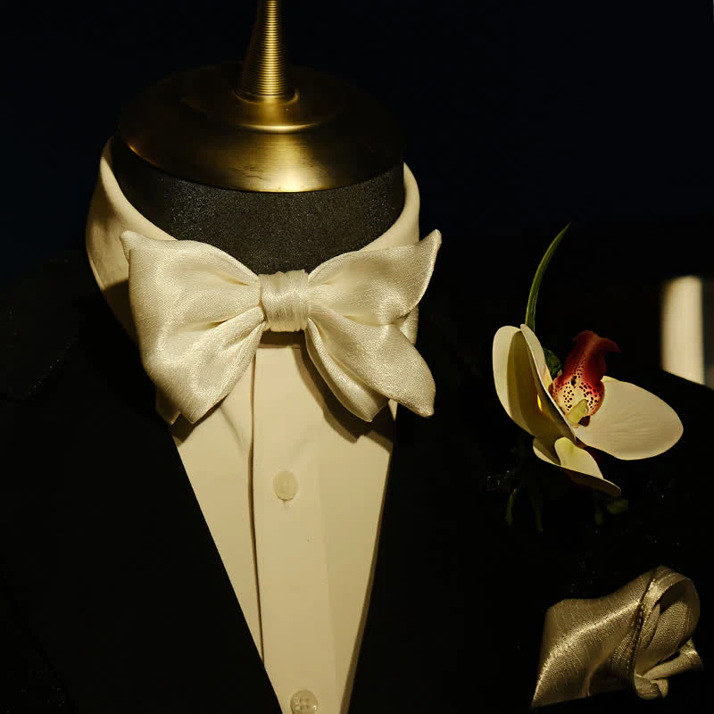 3Pcs Men's White Phalaenopsis Bow Tie Handkerchief Set - Image 2