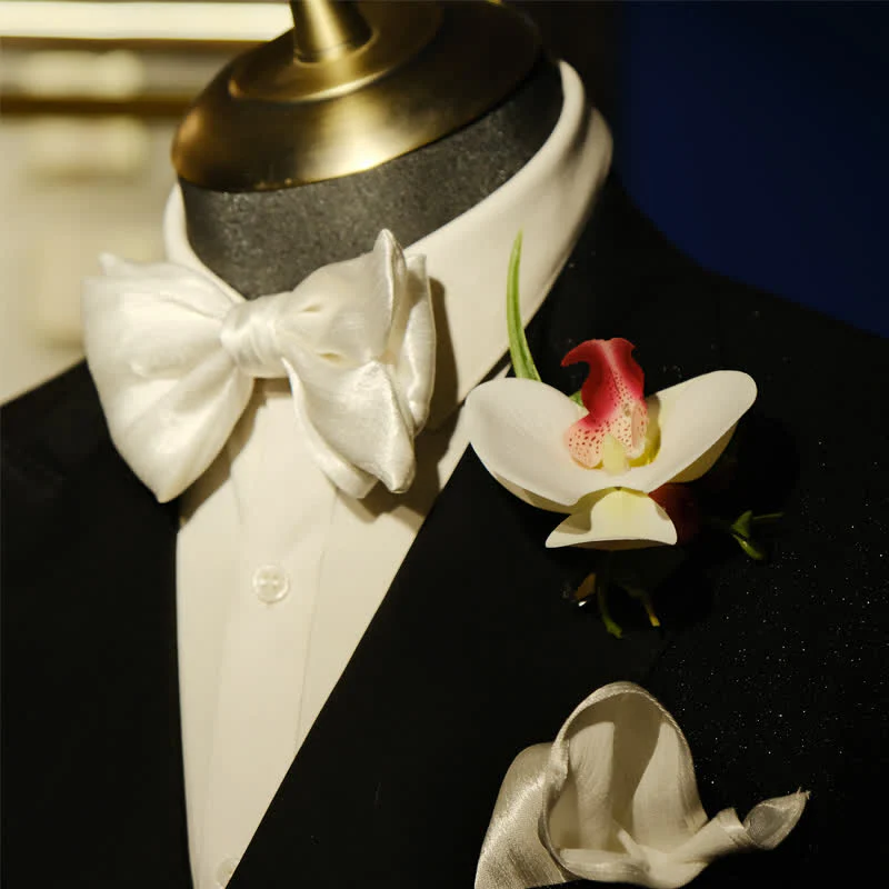 3Pcs Men's White Phalaenopsis Bow Tie Handkerchief Set - Image 3