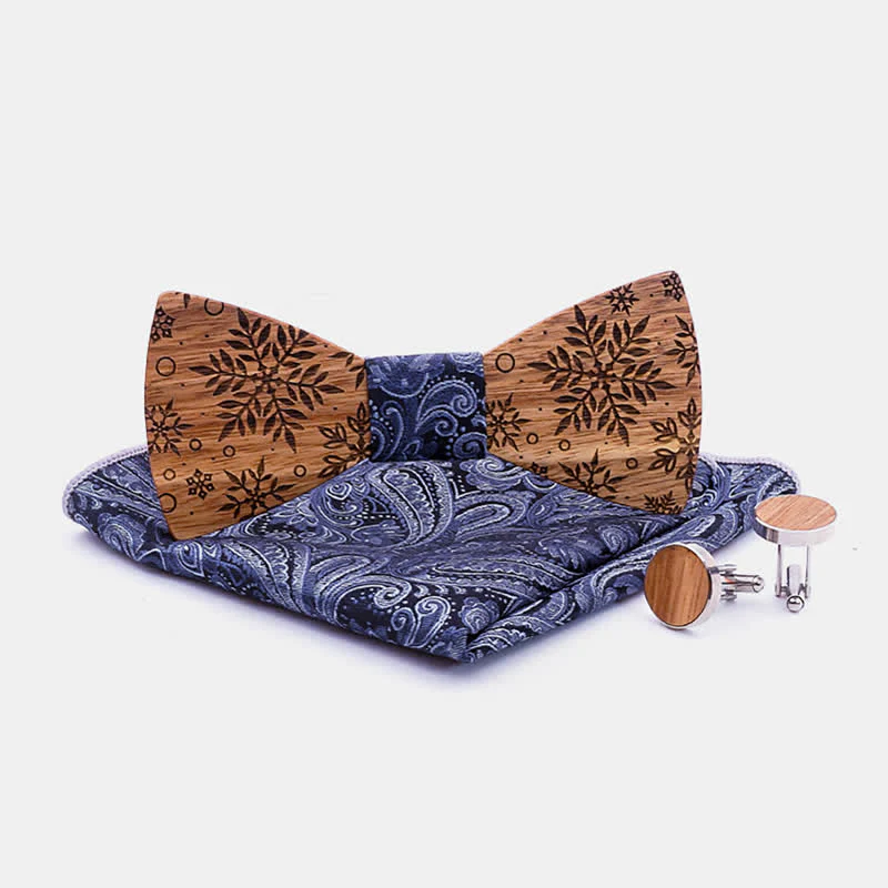3Pcs Men's Winter Snowflakes Print Wooden Bow Tie Set - Image 6