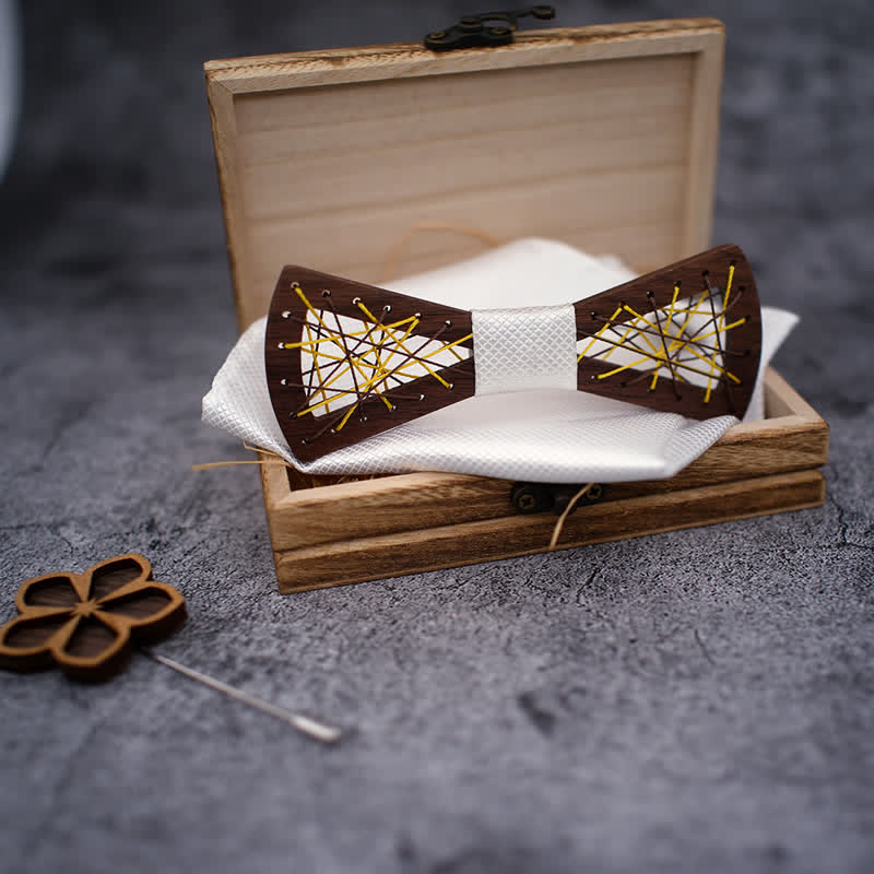 3Pcs Men's Woven Embroidered Wooden Bow Tie Set - Image 3