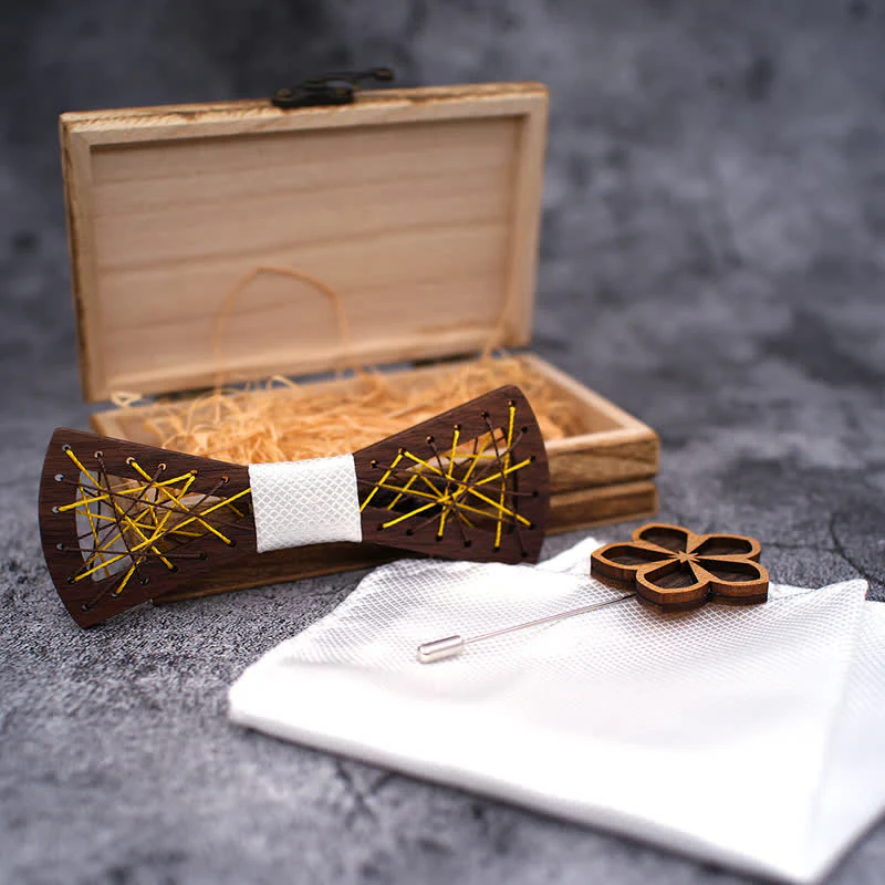 3Pcs Men's Woven Embroidered Wooden Bow Tie Set - Image 4