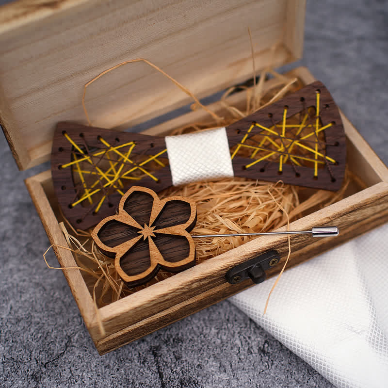 3Pcs Men's Woven Embroidered Wooden Bow Tie Set - Image 5