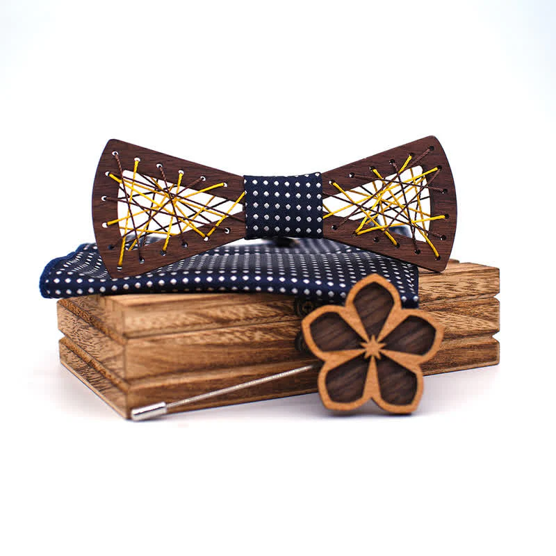 3Pcs Men's Woven Embroidered Wooden Bow Tie Set - Image 7