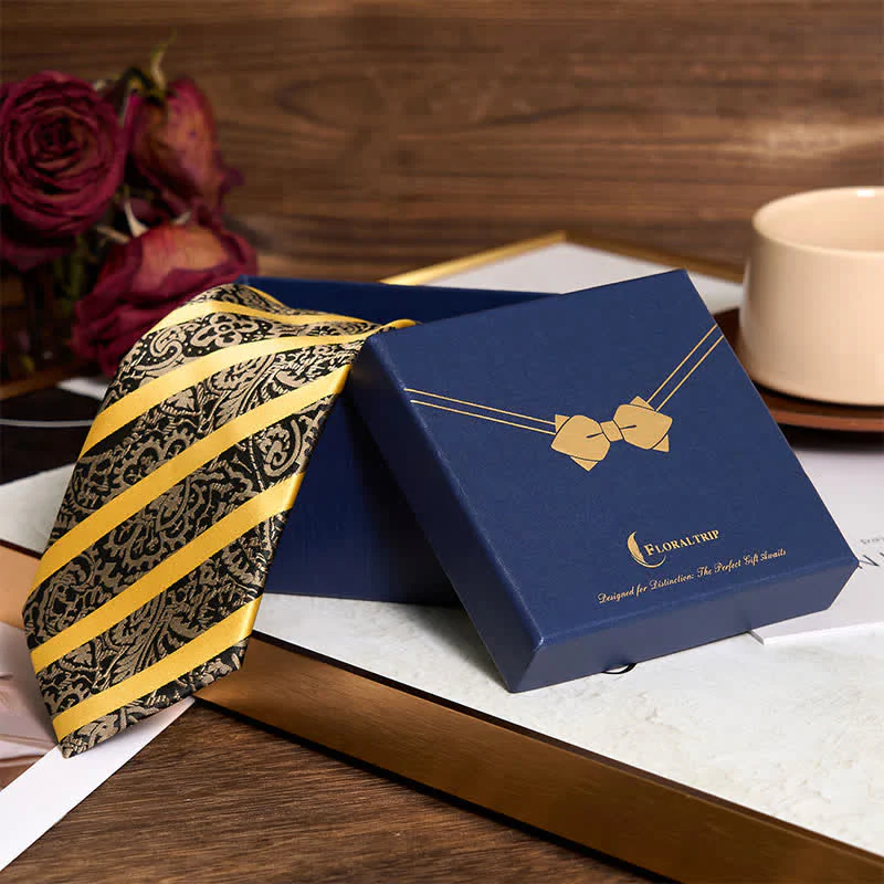 3Pcs Men's Yellow Striped Paisley Necktie Set - Image 3