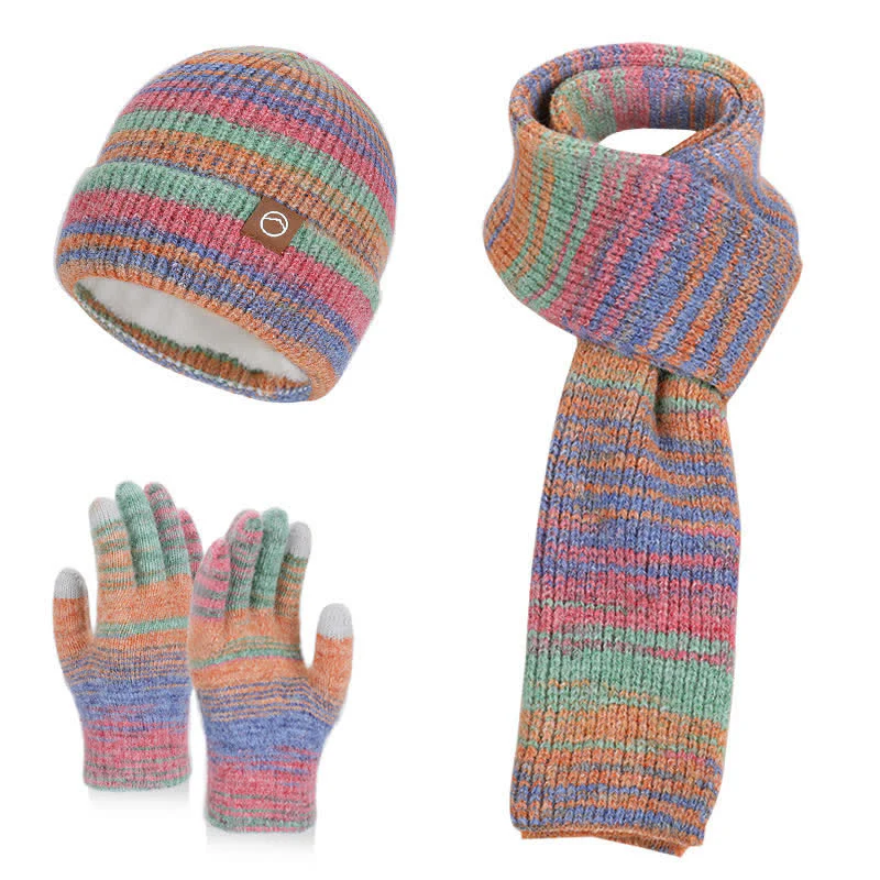 3PCS Multicolour Neutral Stripes Hat Scarf Gloves Set
