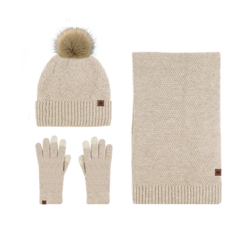 3Pcs Women's Pompom Woven Hat Scarf Touchscreen Gloves Set - Image 2