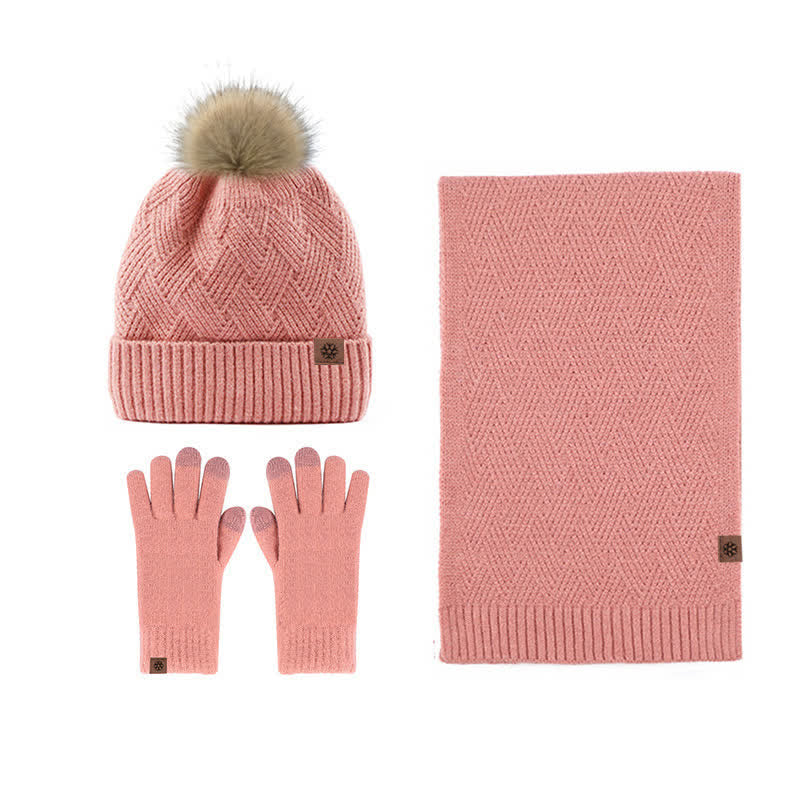 3Pcs Women's Pompom Woven Hat Scarf Touchscreen Gloves Set - Image 6