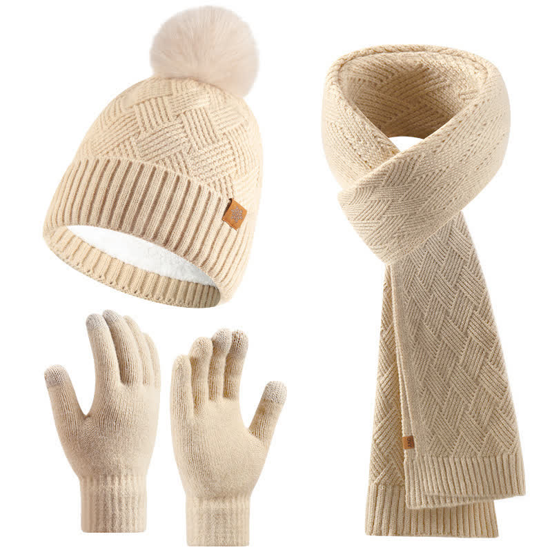 3Pcs Solid Color Fluffy Pom Pom Hat Scarf Gloves Set
