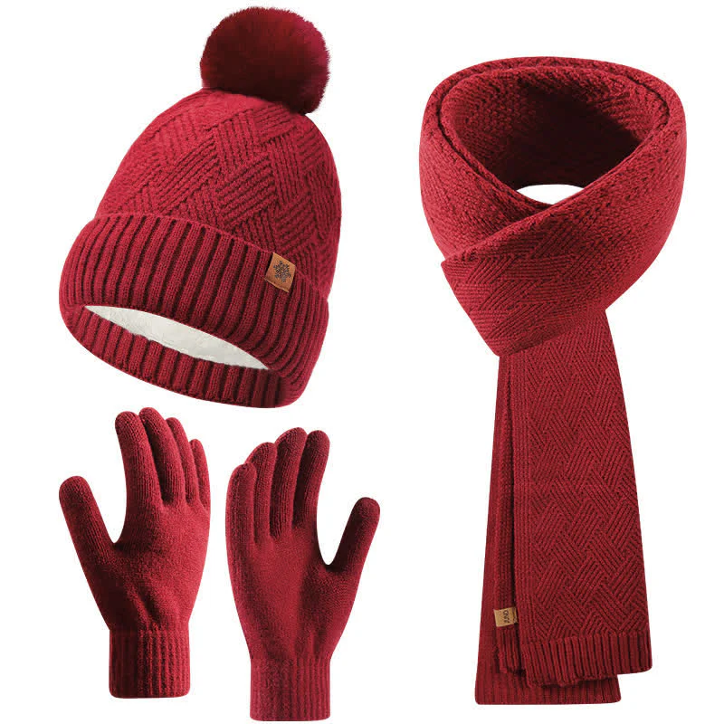 3Pcs Solid Color Fluffy Pom Pom Hat Scarf Gloves Set - Image 10
